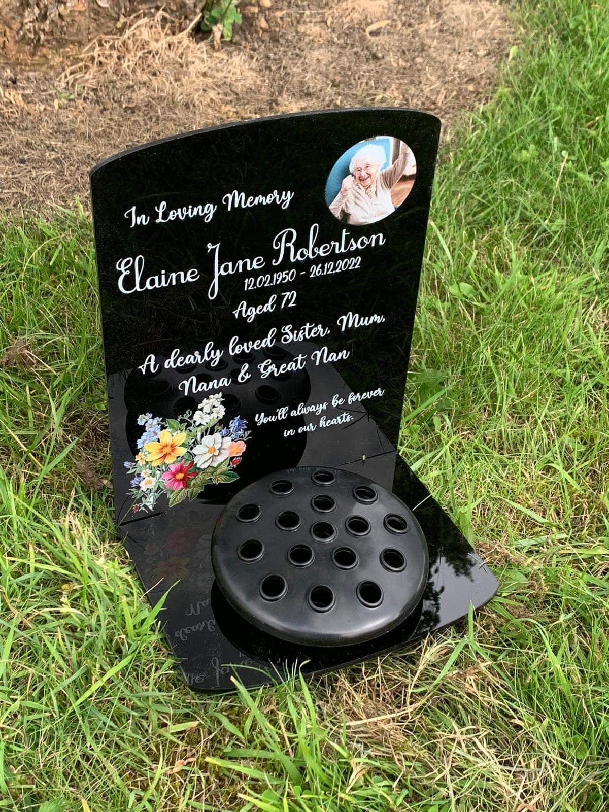 Floral corner with photo temporary headstone with Base