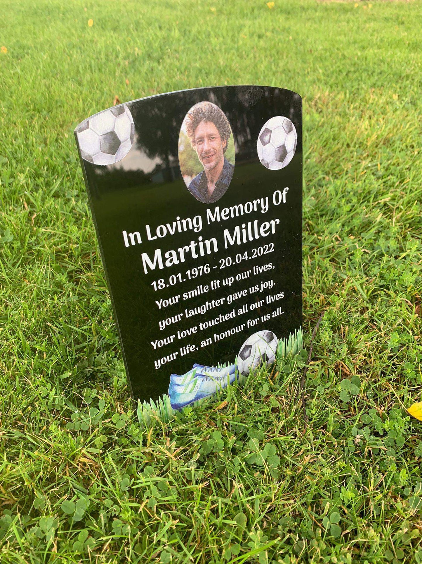Football temporary headstone with photo