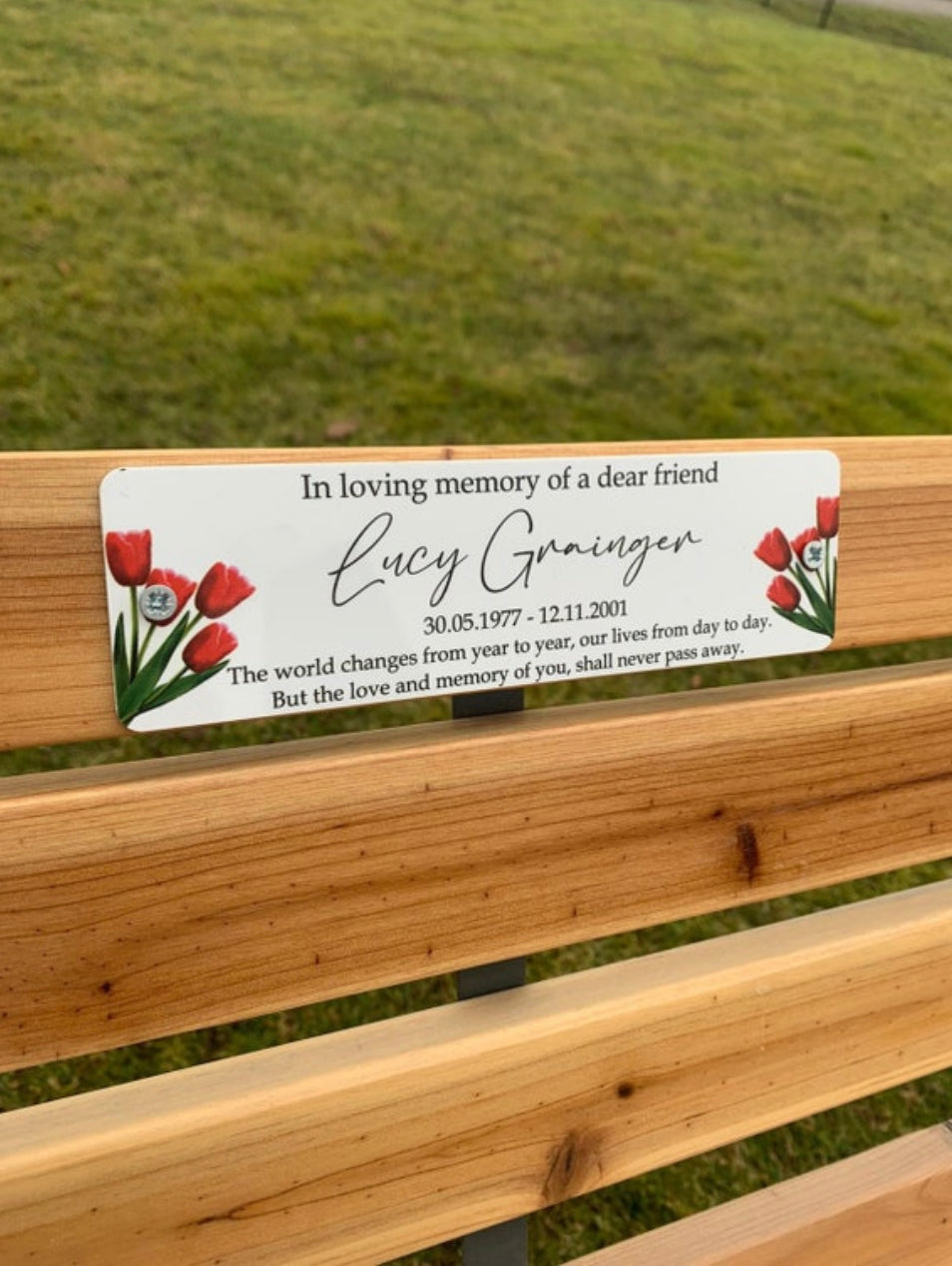Acrylic tulip bench memorial plaque