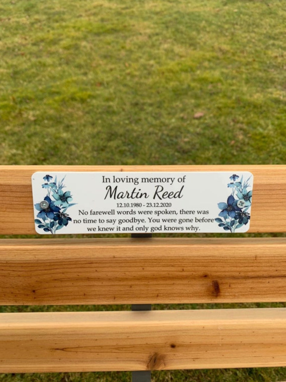 Acrylic blue floral bench memorial plaque