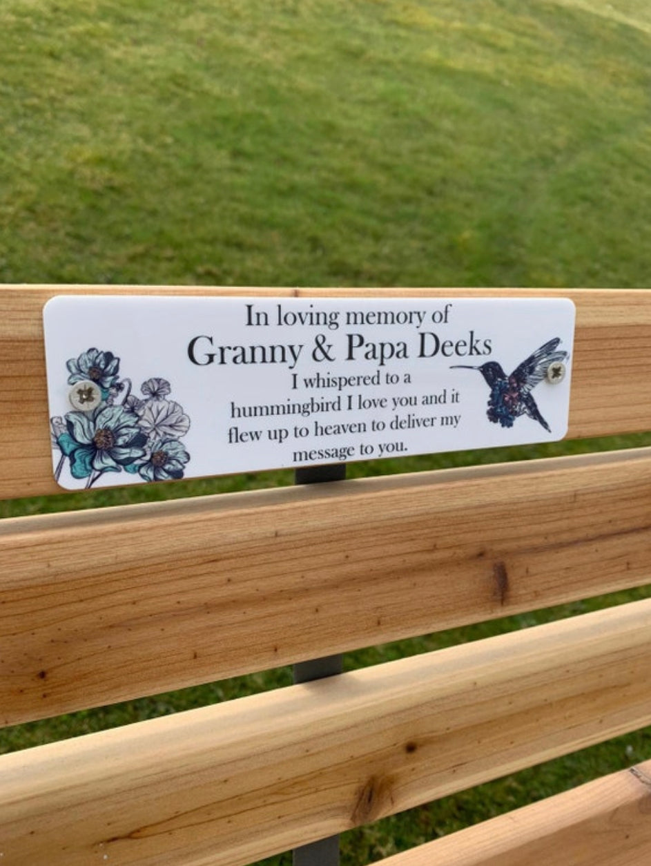 Acrylic hummingbird bench memorial plaque