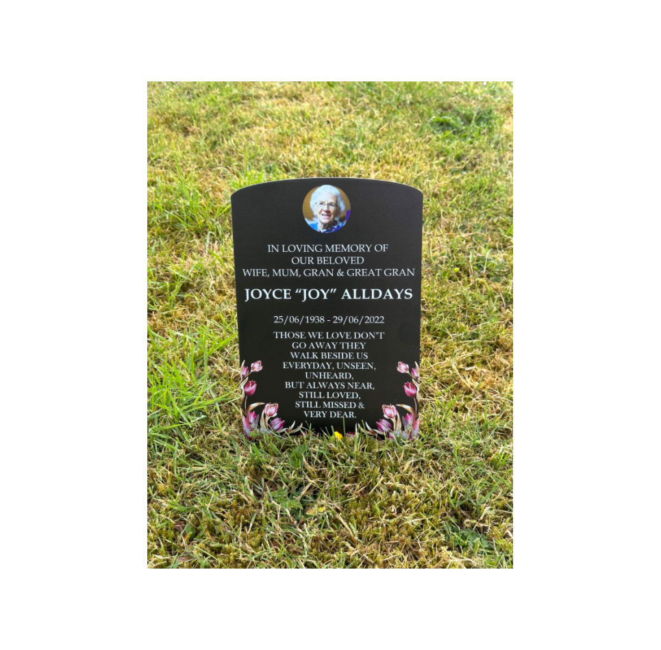 Floral temporary headstone with photo