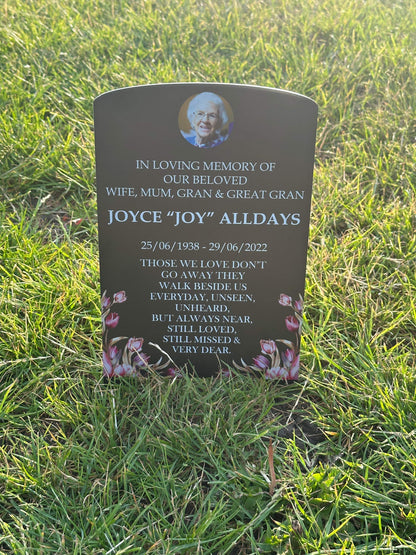 Floral temporary headstone with photo