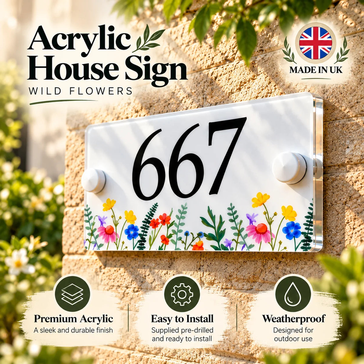 Acrylic house sign wild flowers small