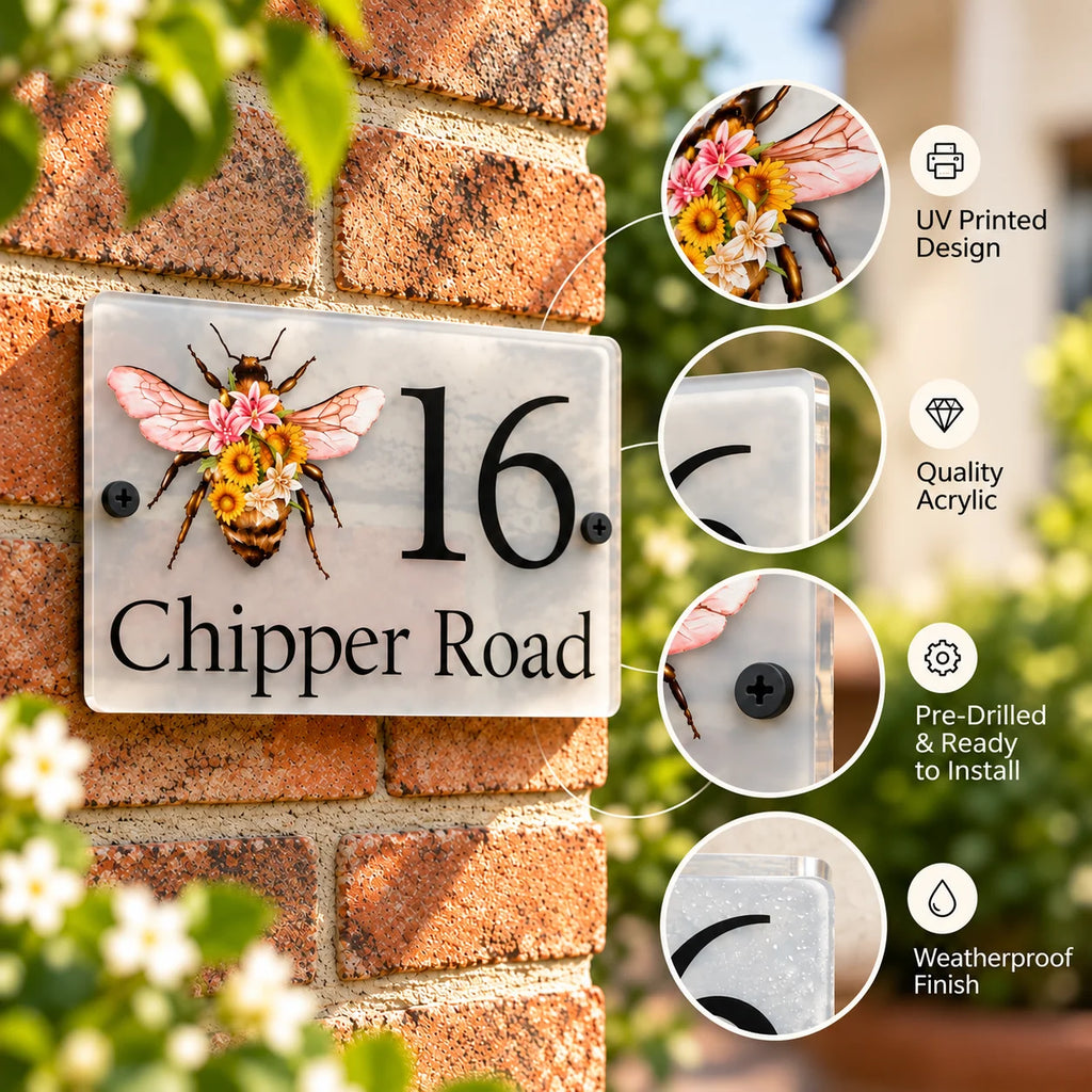 Floral bee acrylic house sign