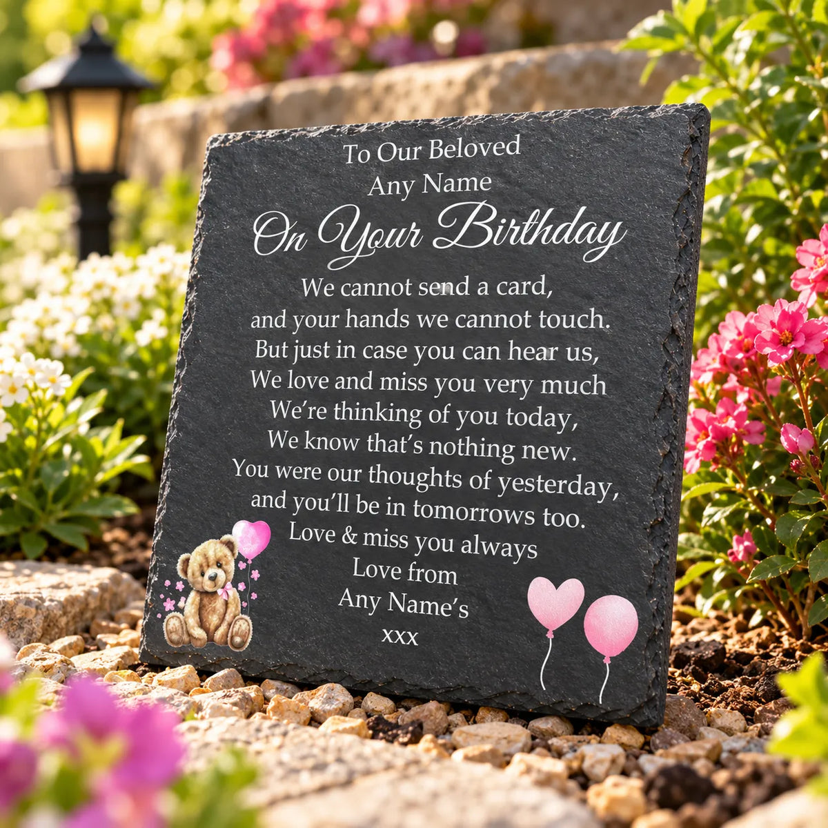 Bear Birthday Memorial plaque Pink Balloons