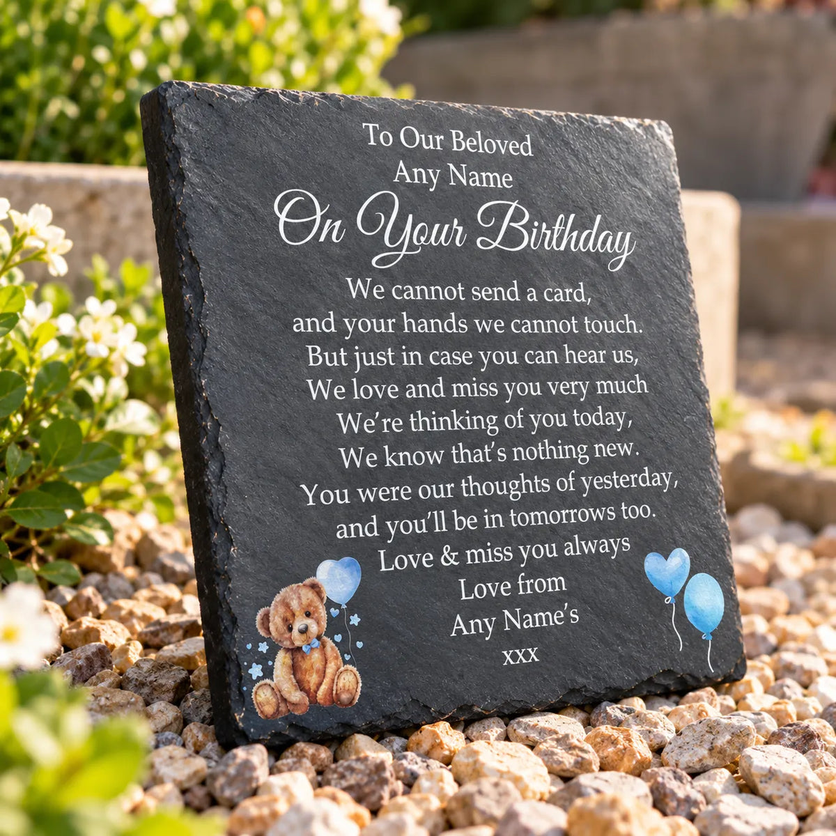 Bear Birthday Memorial plaque Blue Balloons