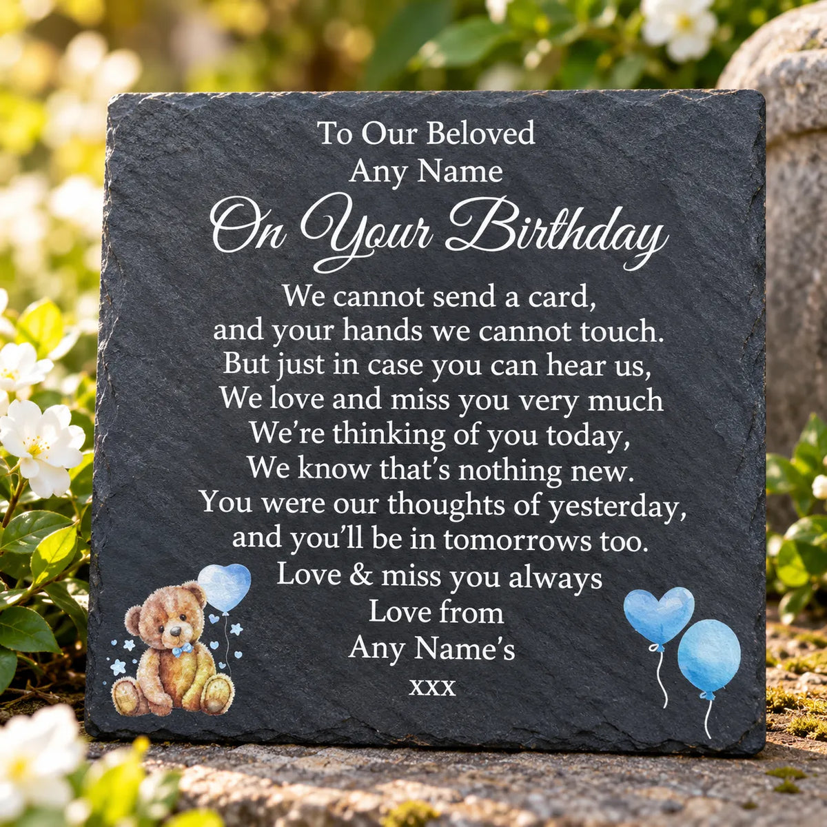 Bear Birthday Memorial plaque Blue Balloons