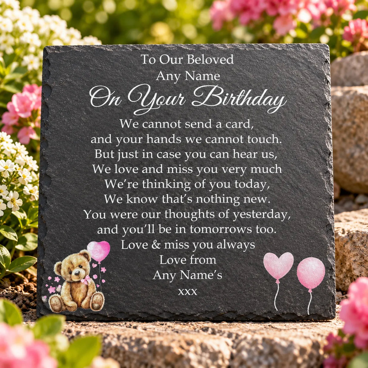 Bear Birthday Memorial plaque Pink Balloons