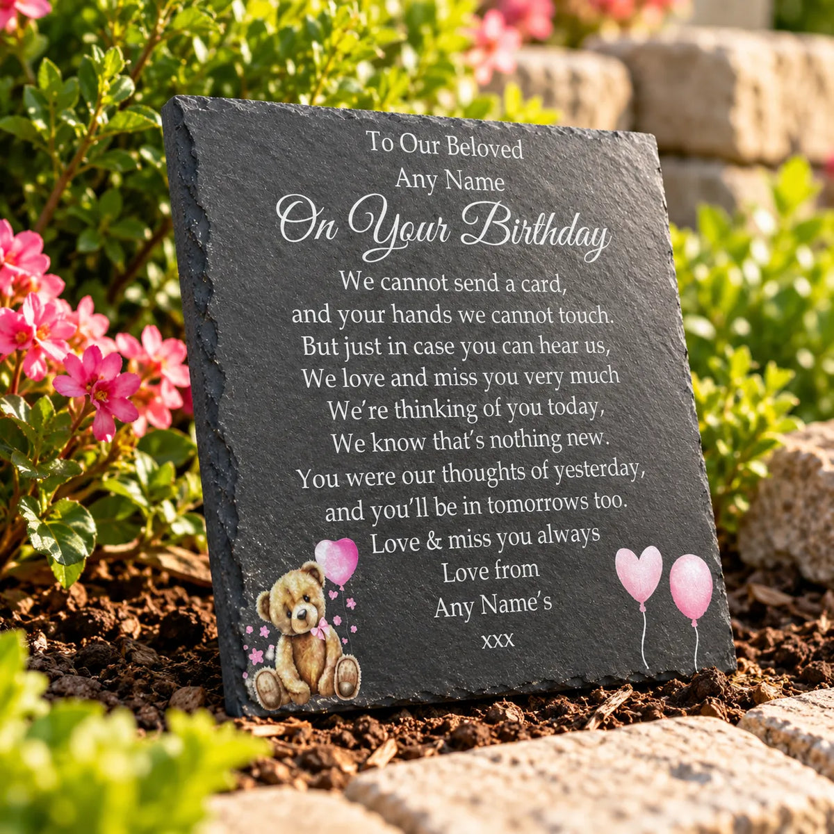 Bear Birthday Memorial plaque Pink Balloons