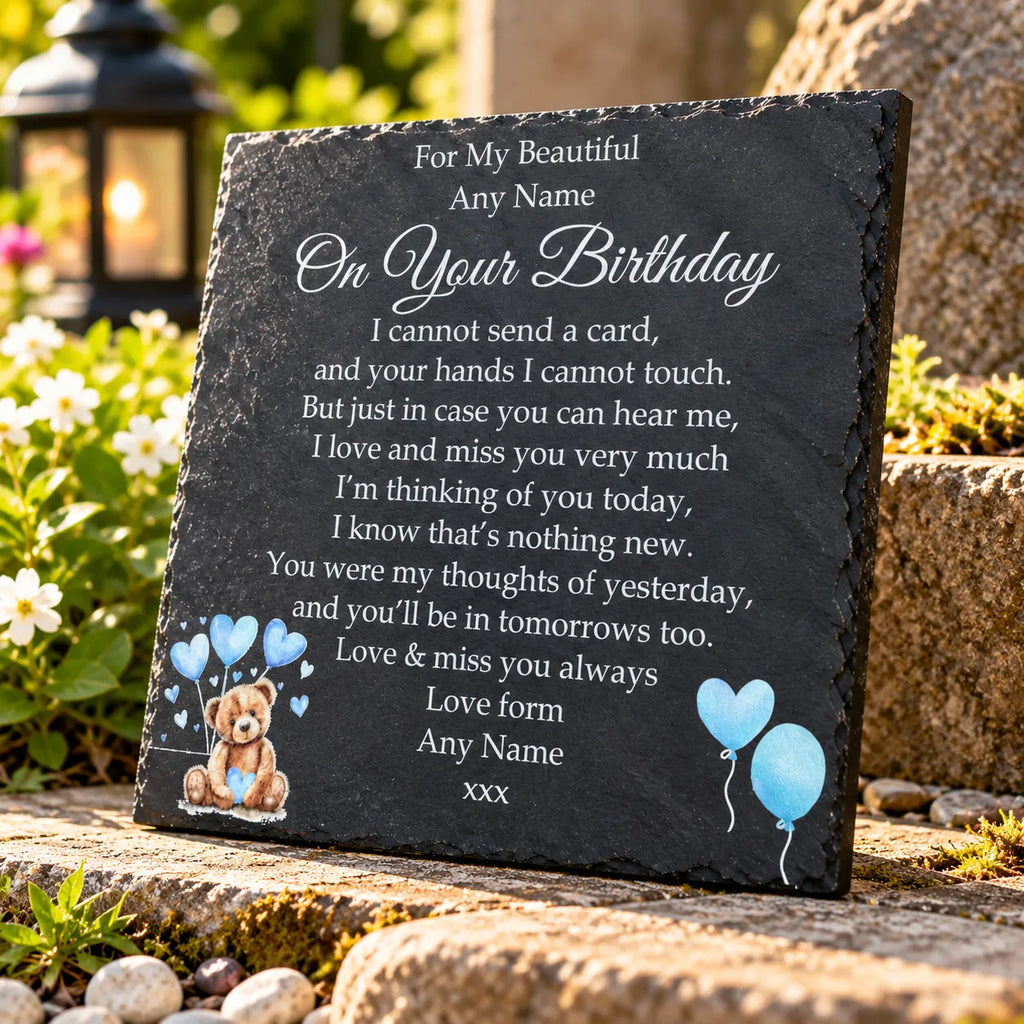 Bear Birthday Memorial plaque 3 Blue Balloons