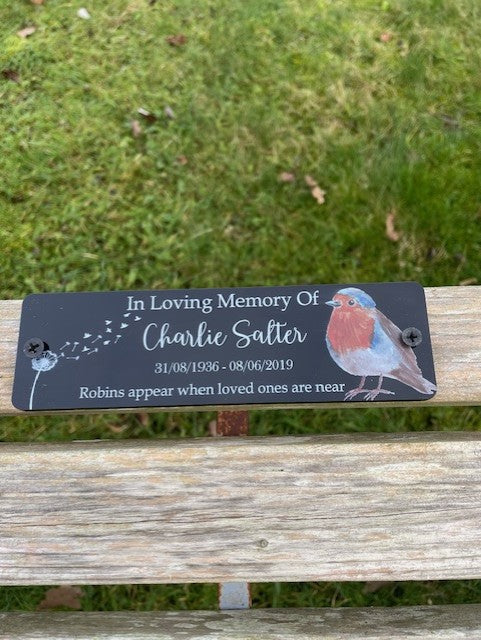 Acrylic robin bench black dandelion memorial plaque