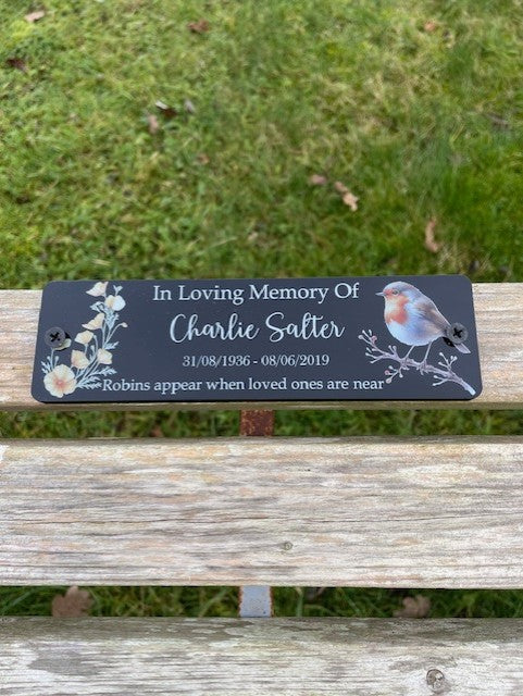 Acrylic bench black Robin memorial plaque Cal