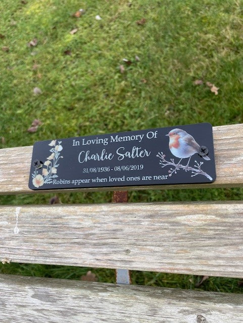 Acrylic bench black Robin memorial plaque Cal