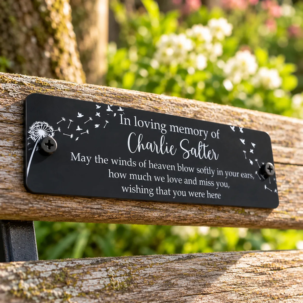 Acrylic bench black dandelion memorial plaque