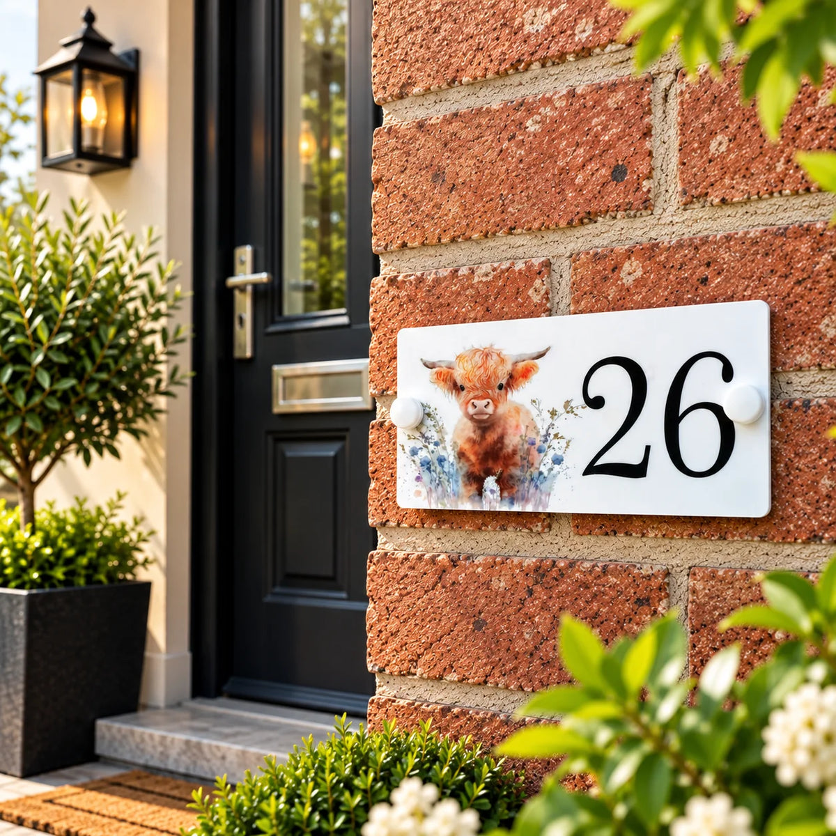 Acrylic house sign highland cow floral small