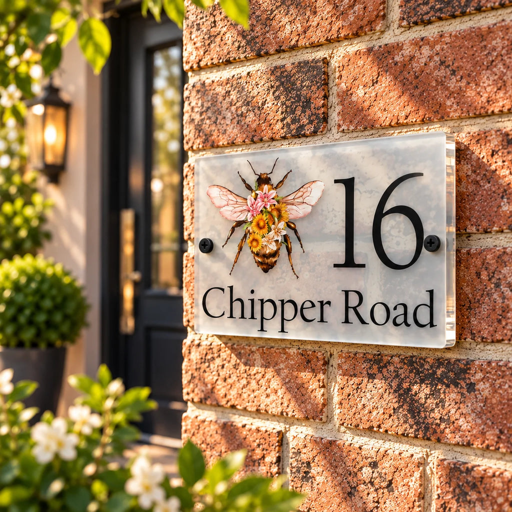 Floral bee acrylic house sign