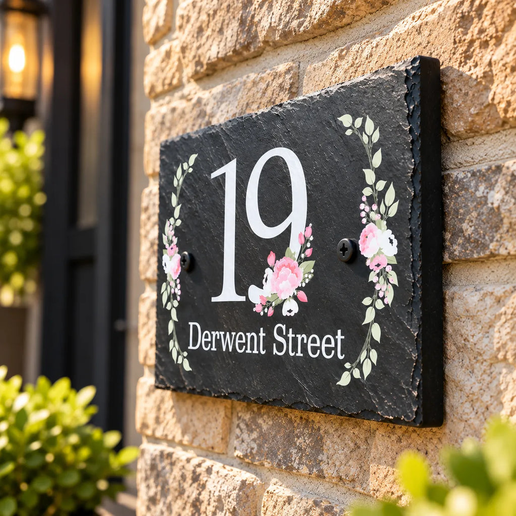 Floral slate house sign