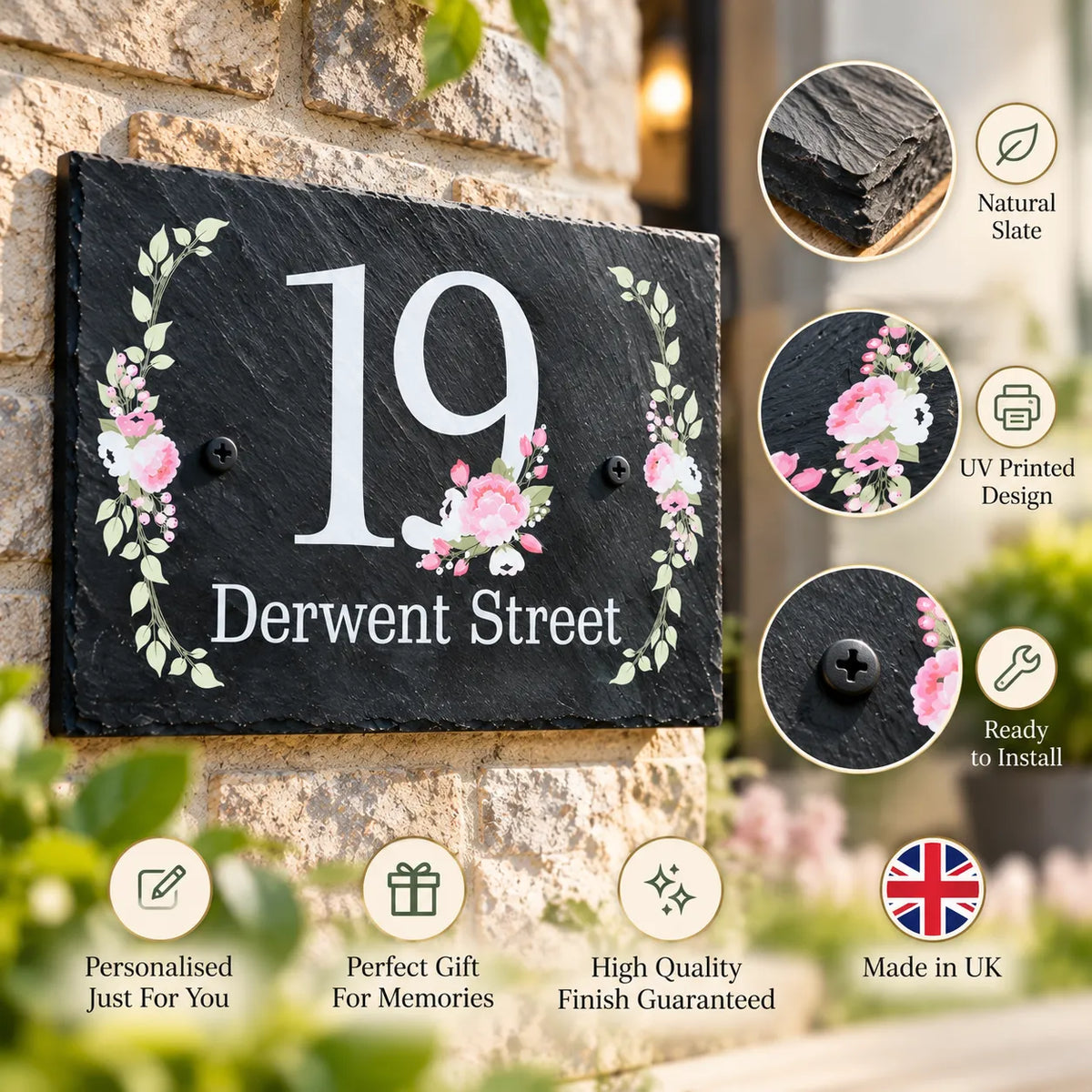 Floral slate house sign