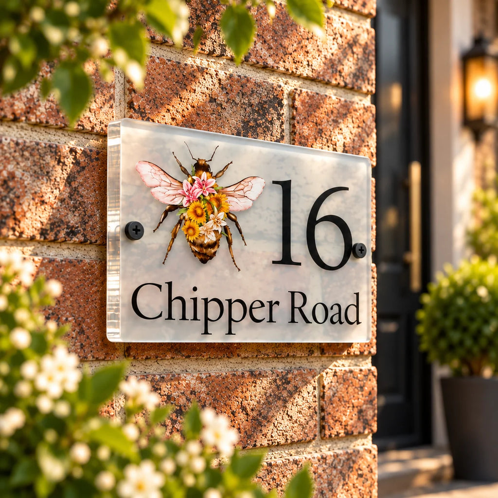Floral bee acrylic house sign