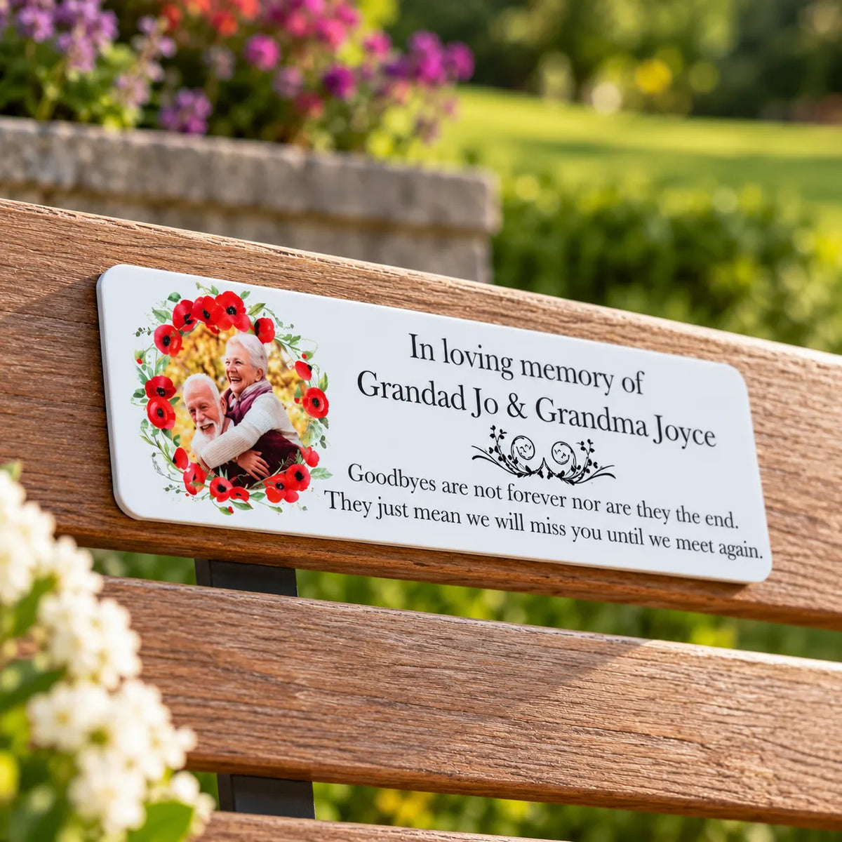 Acrylic poppy wreath bench memorial plaque
