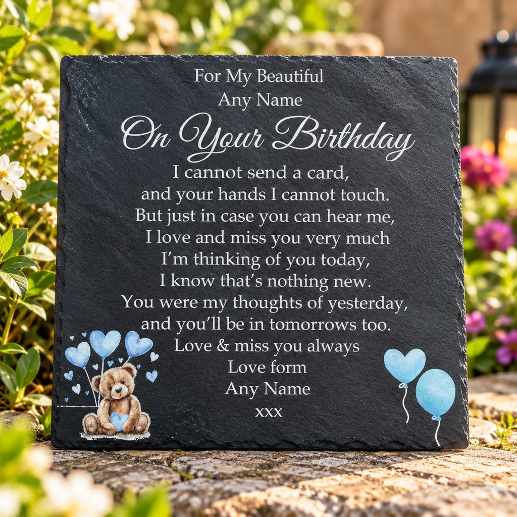 Bear Birthday Memorial plaque 3 Blue Balloons