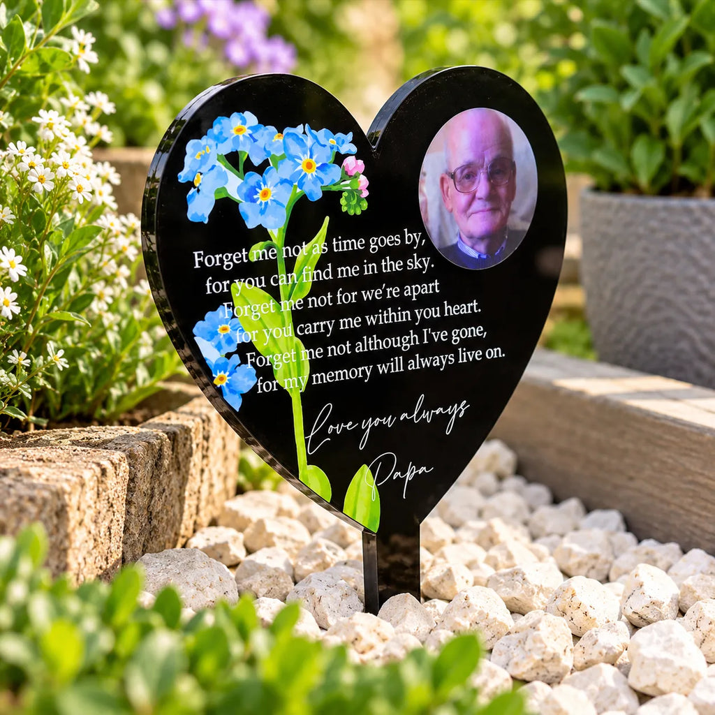 Black heart memorial stake forget me not
