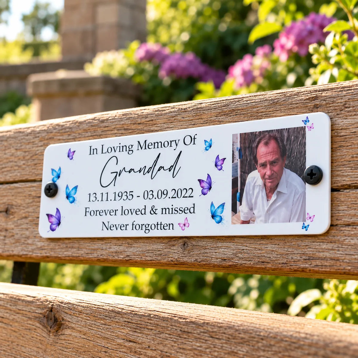 Acrylic bench picture memorial plaque - Butterflies