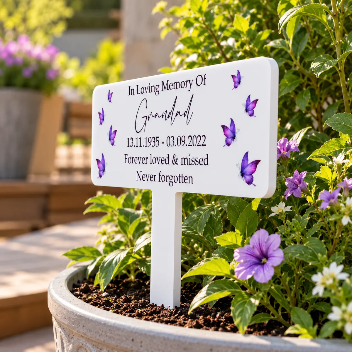 Acrylic Purple Butterflies plant pot memorial plaque