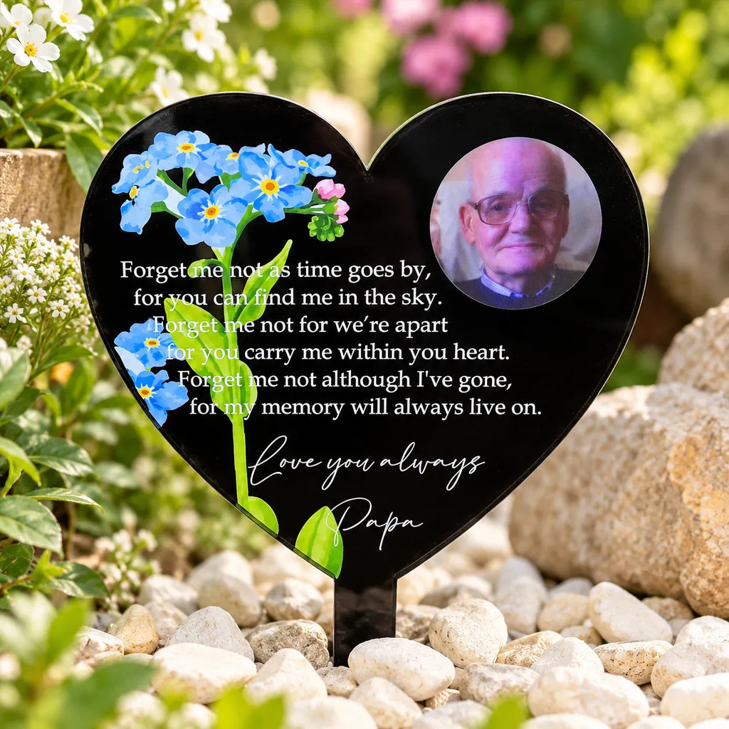 Black heart memorial stake forget me not