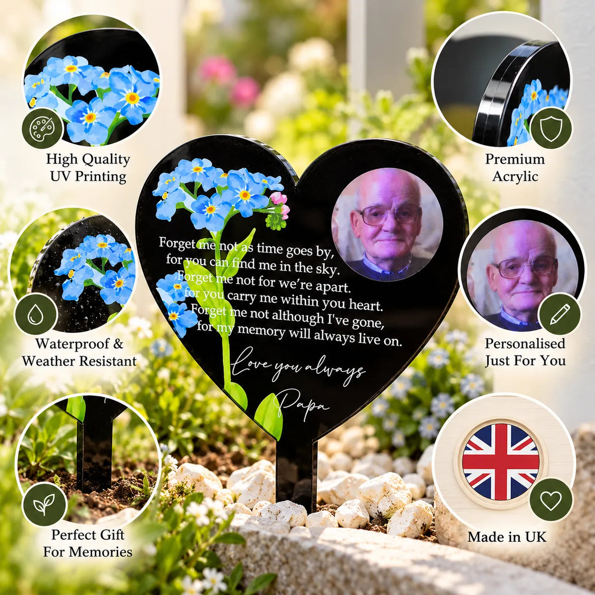 Black heart memorial stake forget me not