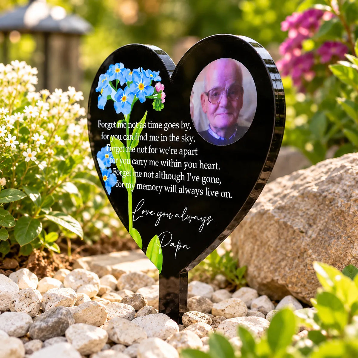 Black heart memorial stake forget me not