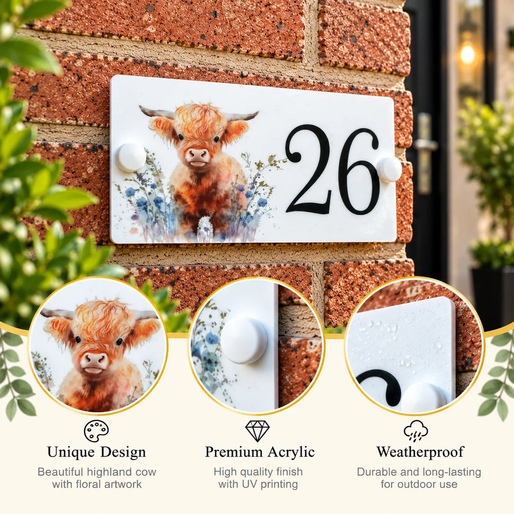Acrylic house sign highland cow floral small