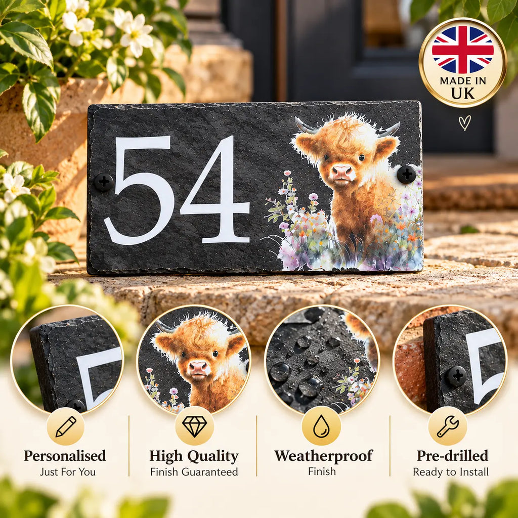 Number slate house sign floral highland cow small