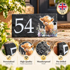 Number slate house sign floral highland cow small