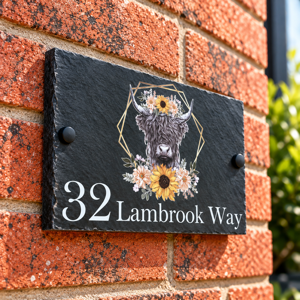 Highland cow slate house sign
