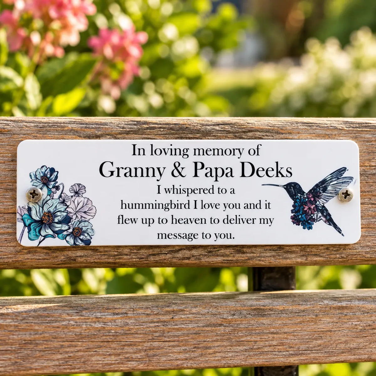 Acrylic hummingbird bench memorial plaque