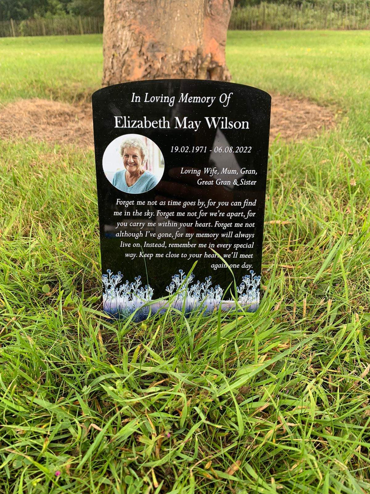 Forget me not temporary headstone with photo