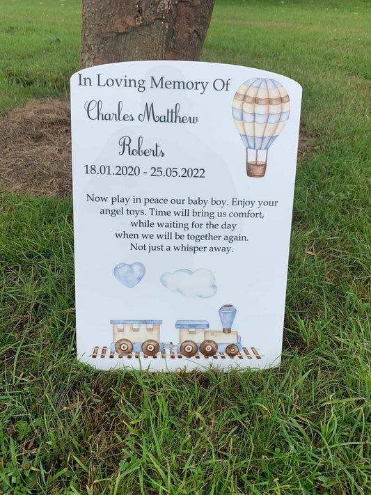 Train & hot air balloon temporary headstone