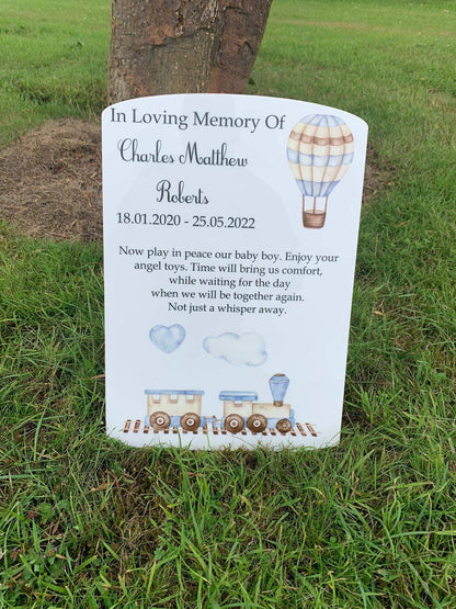 Train & hot air balloon temporary headstone