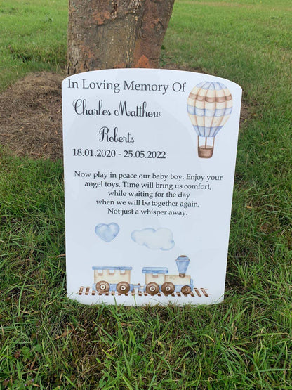 Train & hot air balloon temporary headstone