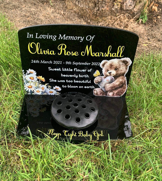 Floral teddy temporary headstone with Base