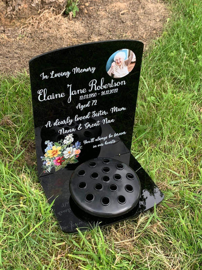 Floral corner with photo temporary headstone with Base