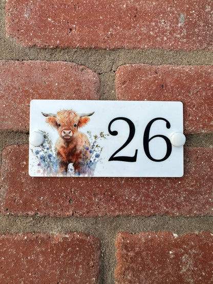 Acrylic house sign highland cow floral small