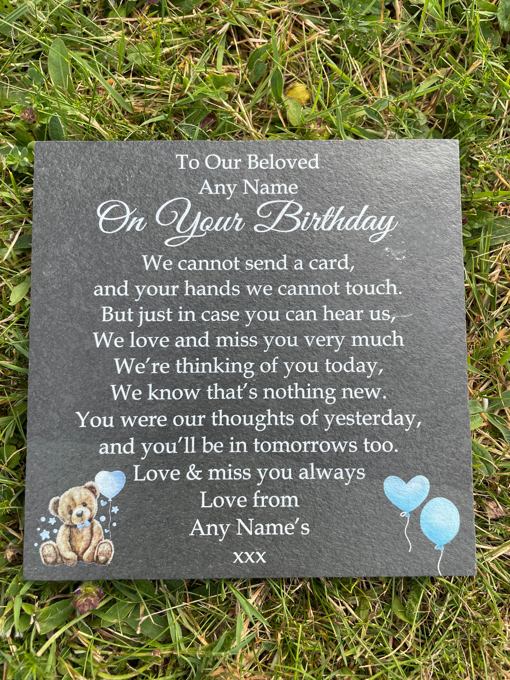 Bear Birthday Memorial plaque Blue Balloons