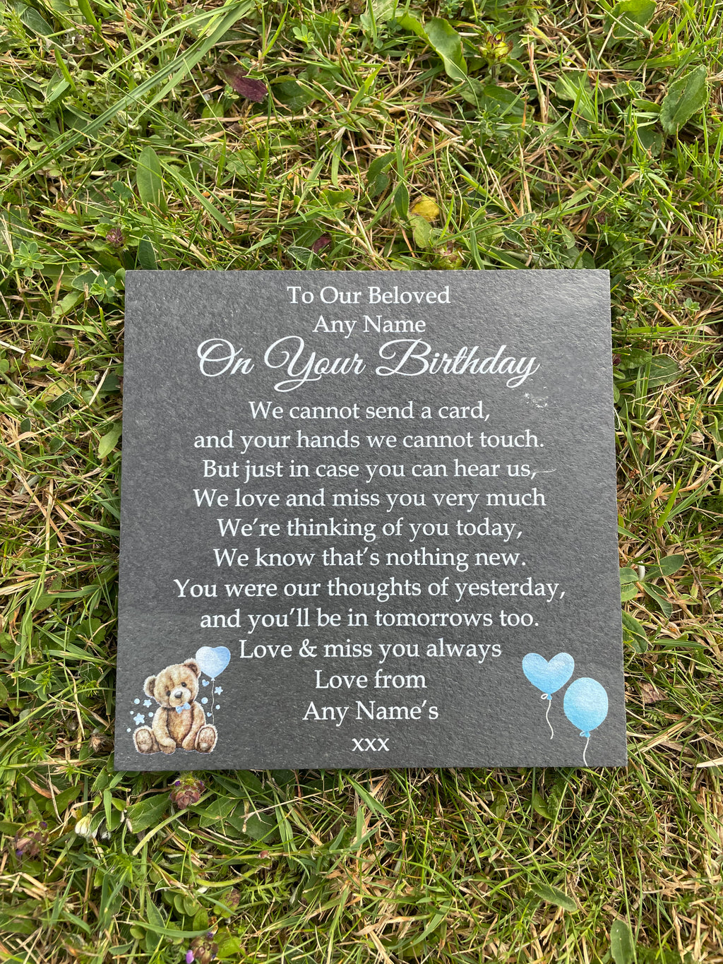 Bear Birthday Memorial plaque Blue Balloons
