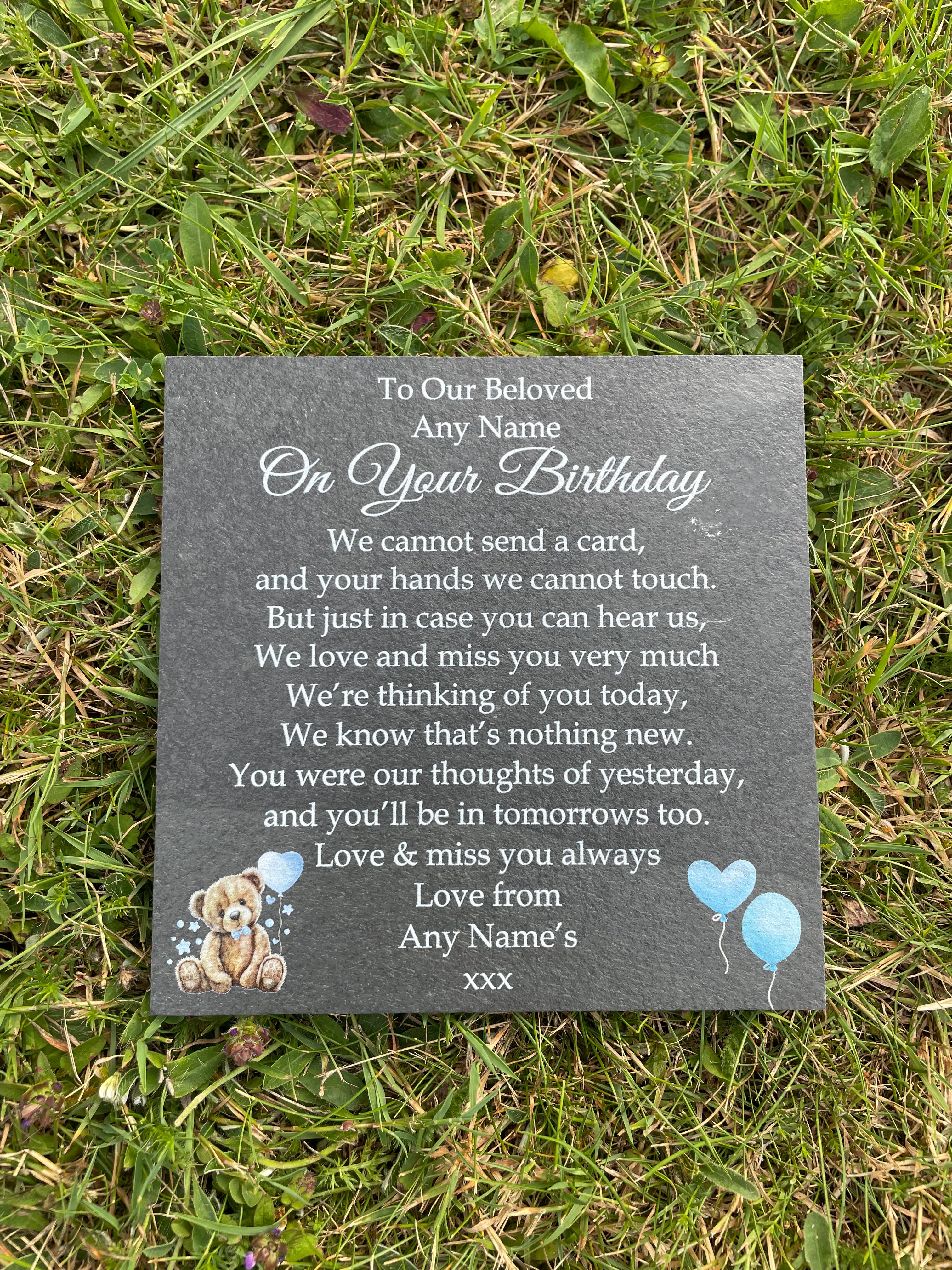 Bear Birthday Memorial plaque Blue Balloons