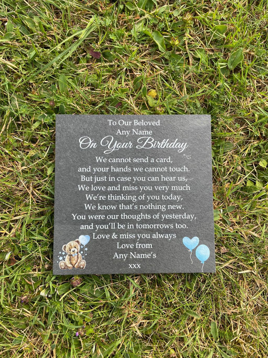 Bear Birthday Memorial plaque Blue Balloons