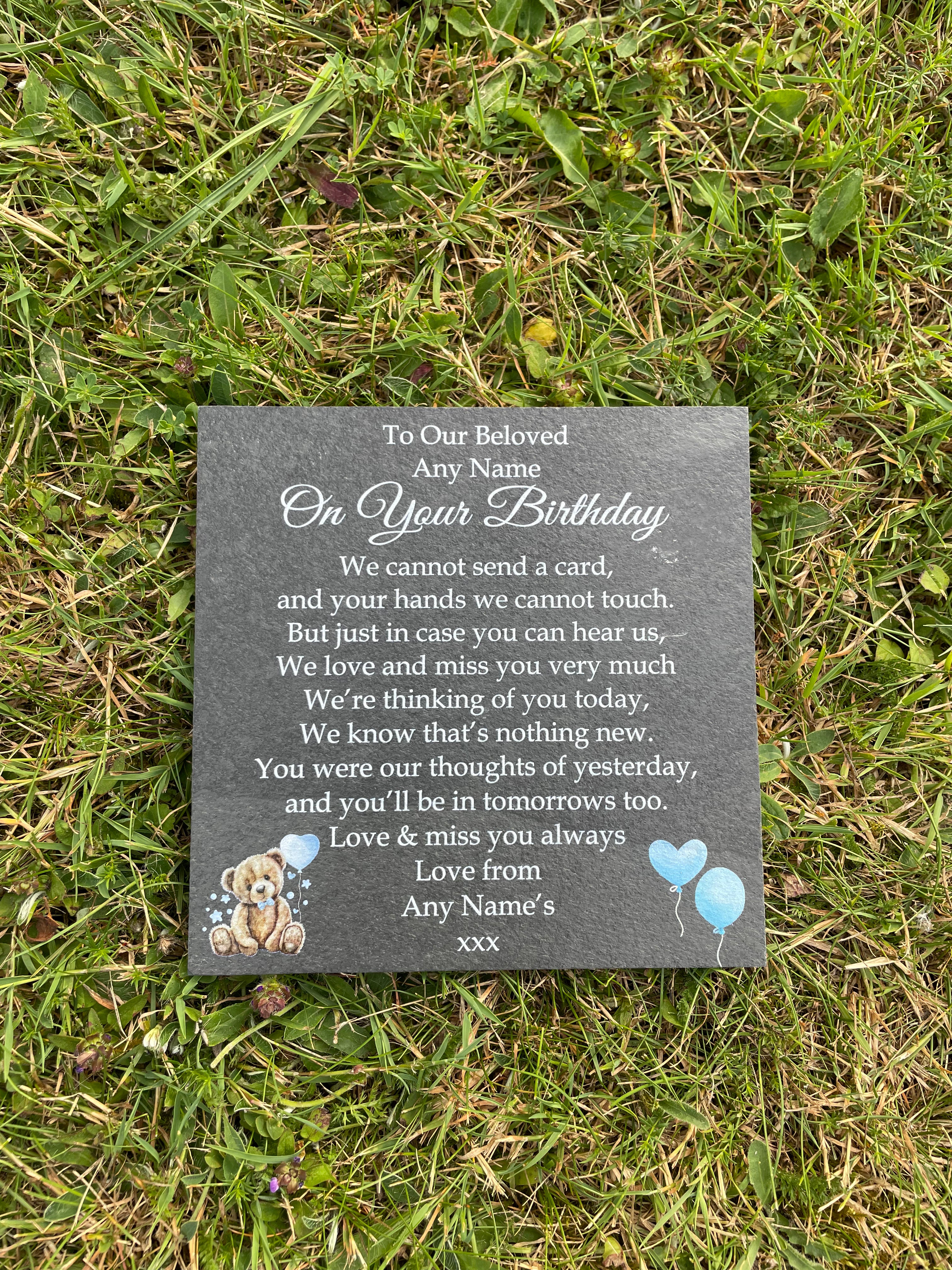Bear Birthday Memorial plaque Blue Balloons