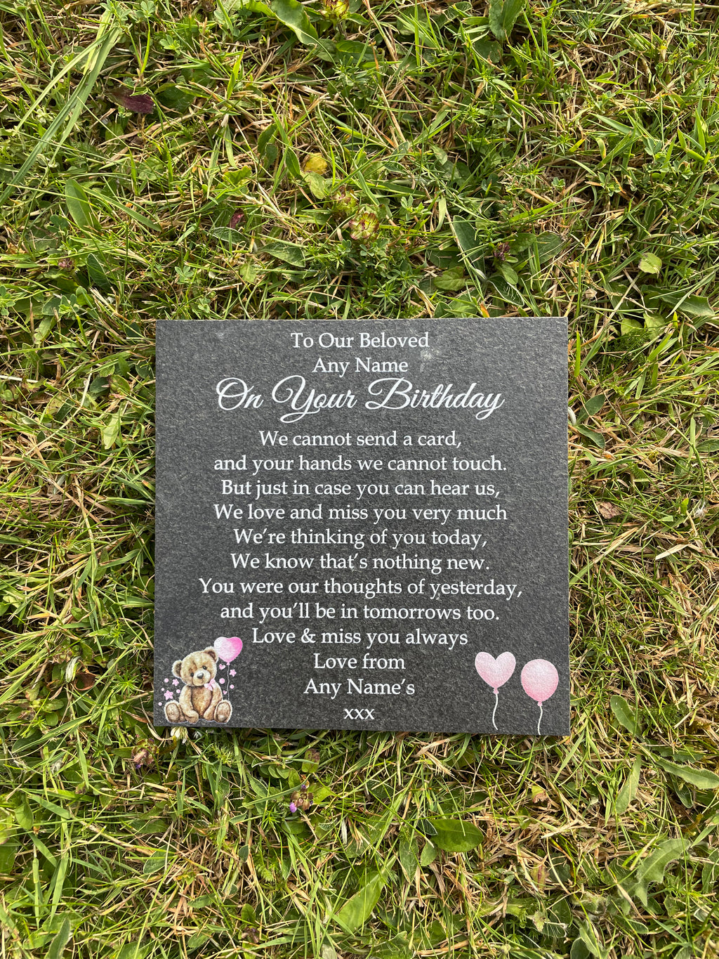Bear Birthday Memorial plaque Pink Balloons